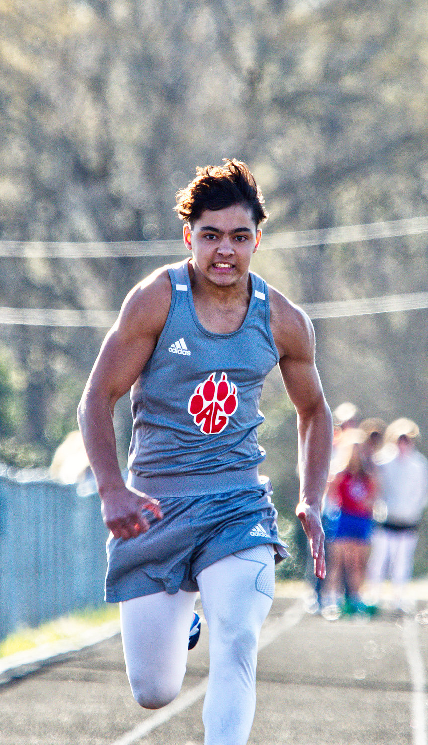 Jake Hallman runs the 100m dash at Alba-Golden's home meet held March 25. He will run the race in Austin at the UIL state track and field meet May 13.